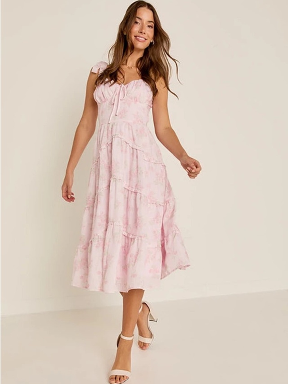 Francesca's Collections Light Pink Tie-Front Tiered Midi Dress